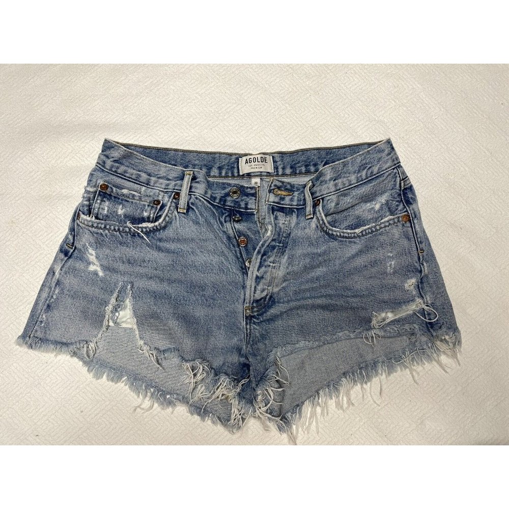 Agolde Blue Distressed Light Wash Shorts Womens 30 Button Fly Parker